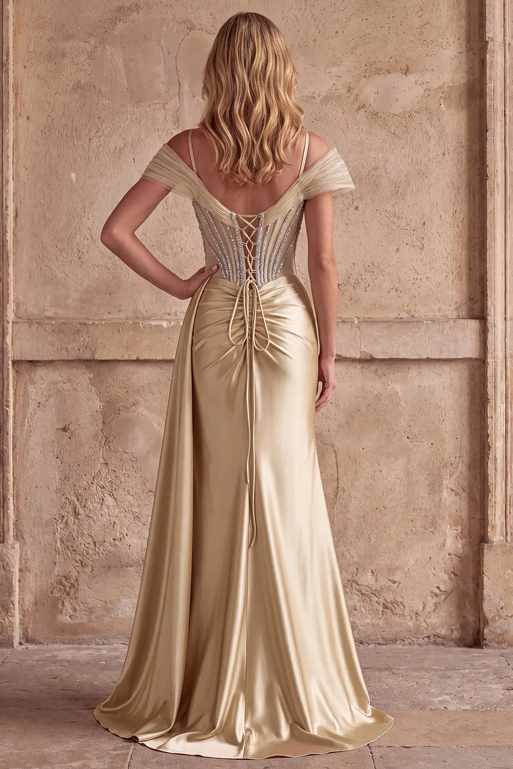 Champagne Mermaid Corset Rhinestone Satin Ruched Long Prom Dress with Slit sold by Zapaka product image thumbnail 4