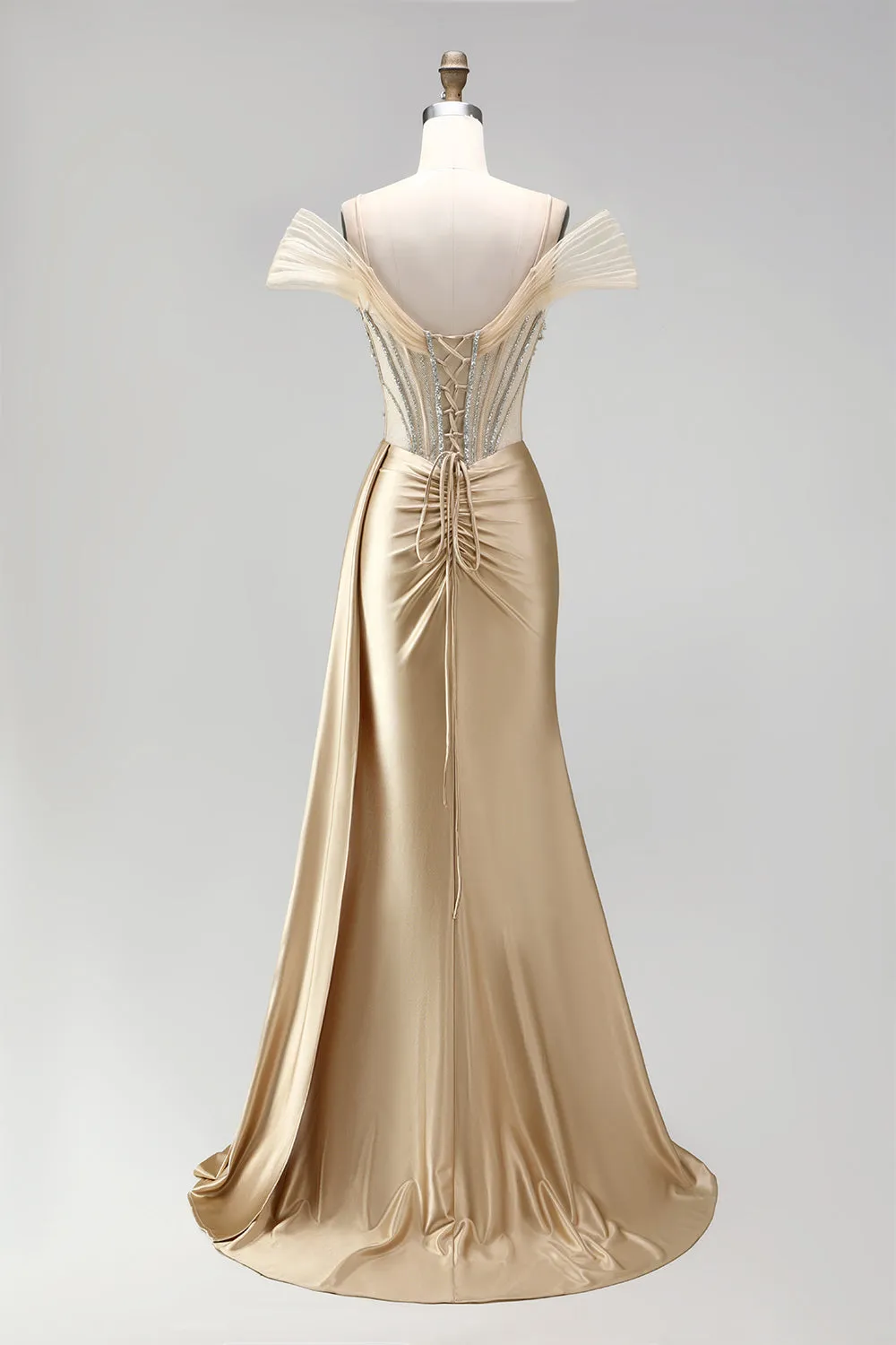 Champagne Mermaid Corset Rhinestone Satin Ruched Long Prom Dress with Slit sold by Zapaka product image thumbnail 2