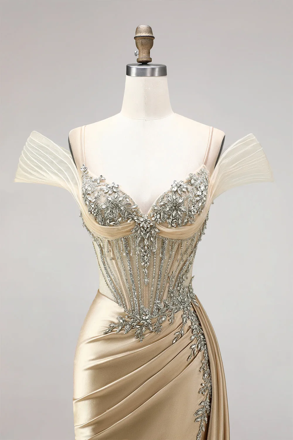 Champagne Mermaid Corset Rhinestone Satin Ruched Long Prom Dress with Slit sold by Zapaka product image thumbnail 5