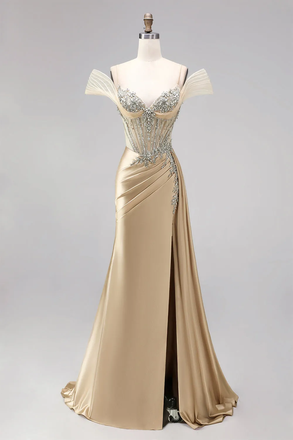 Champagne Mermaid Corset Rhinestone Satin Ruched Long Prom Dress with Slit sold by Zapaka
