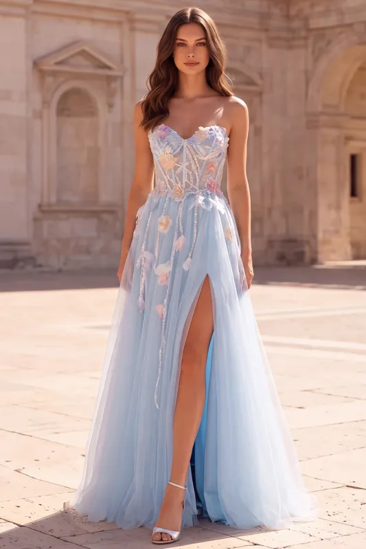 Light Blue Corset Strapless 3D Floral Appliques Sequins Tulle Long Prom Dress with Slit made by Zapaka