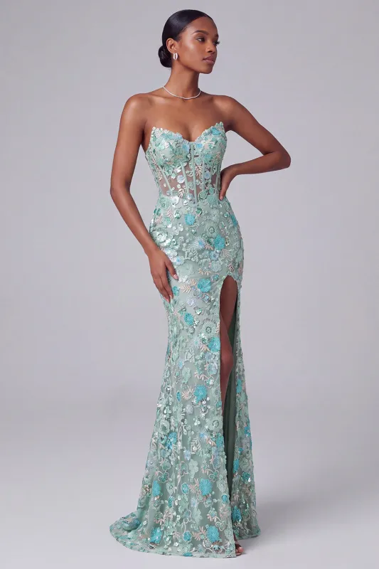Dusty Blue Corset Sheer V-Neck Floral Sequins Embroidery Mermaid Long Prom Dress with Slit made by Zapaka