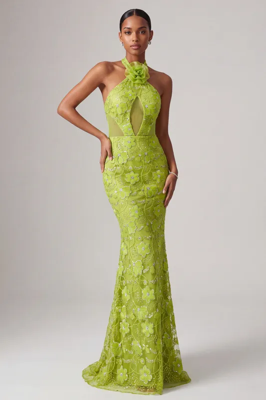 Halter Neck Green Mermaid Cut Out Sequins Embroidery Long Prom Dress with 3D Flowers made by Zapaka