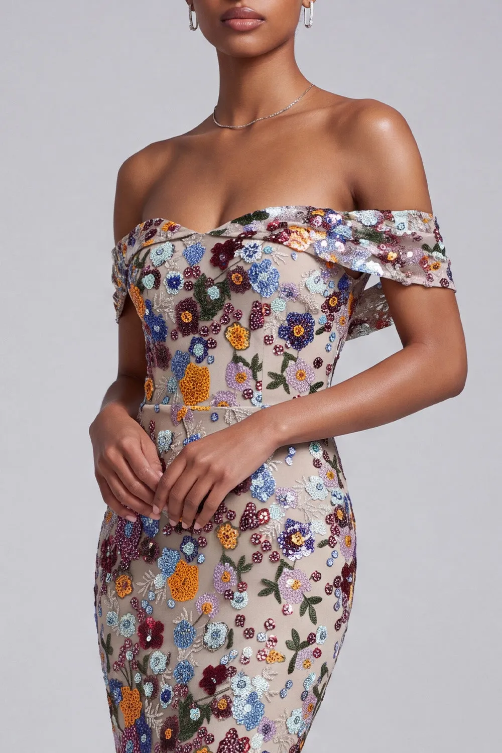 Light Grey Off the Shoulder Floral Mermaid Sequins Long Prom Dress sold by Zapaka product image thumbnail 3
