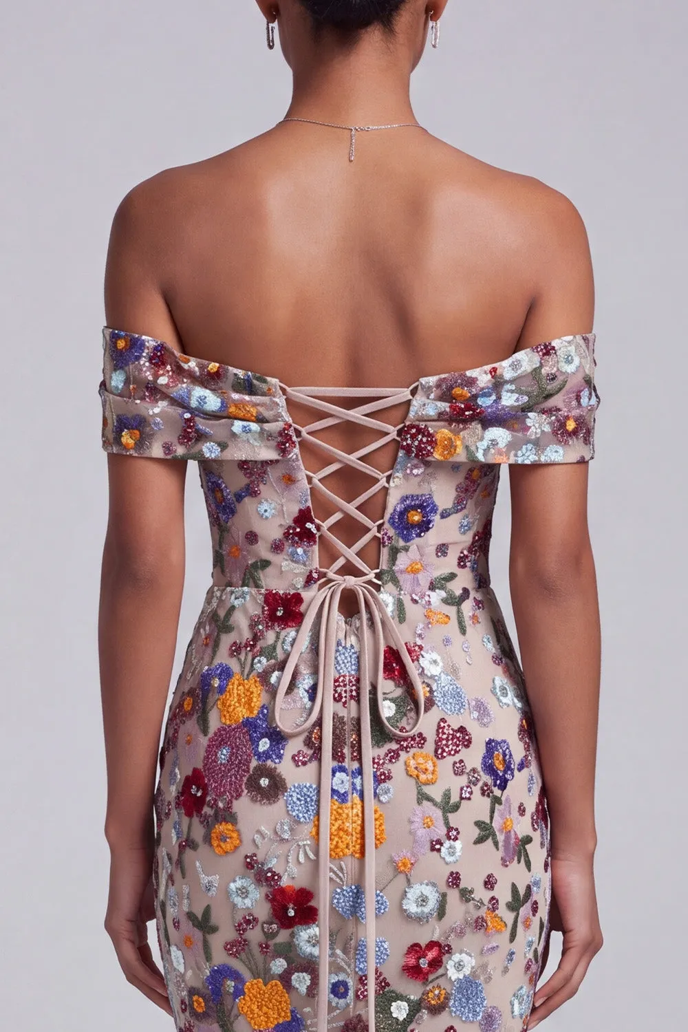 Light Grey Off the Shoulder Floral Mermaid Sequins Long Prom Dress sold by Zapaka product image thumbnail 4