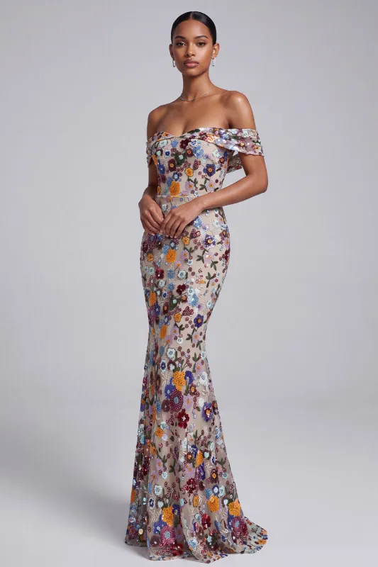 Light Grey Off the Shoulder Floral Mermaid Sequins Long Prom Dress made by Zapaka