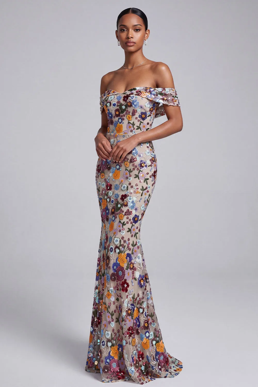 Light Grey Off the Shoulder Floral Mermaid Sequins Long Prom Dress sold by Zapaka