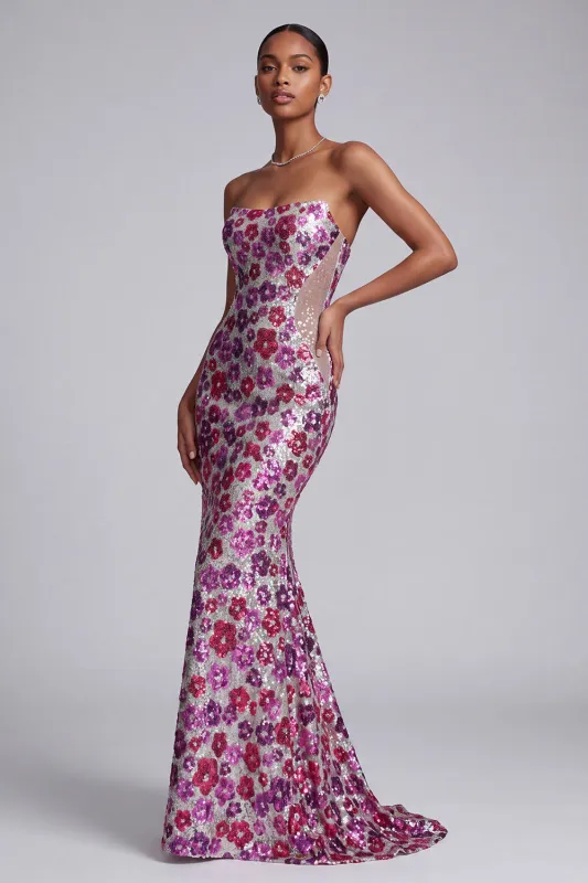Fuchsia Sheer Mesh Strapless Sequins Floral Mermaid Long Prom Dress with Sweep Train made by Zapaka