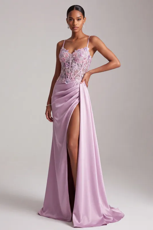 Light Purple Mermaid Floral Appliques Corset Ruched Satin Long Prom Dress with Slit made by Zapaka
