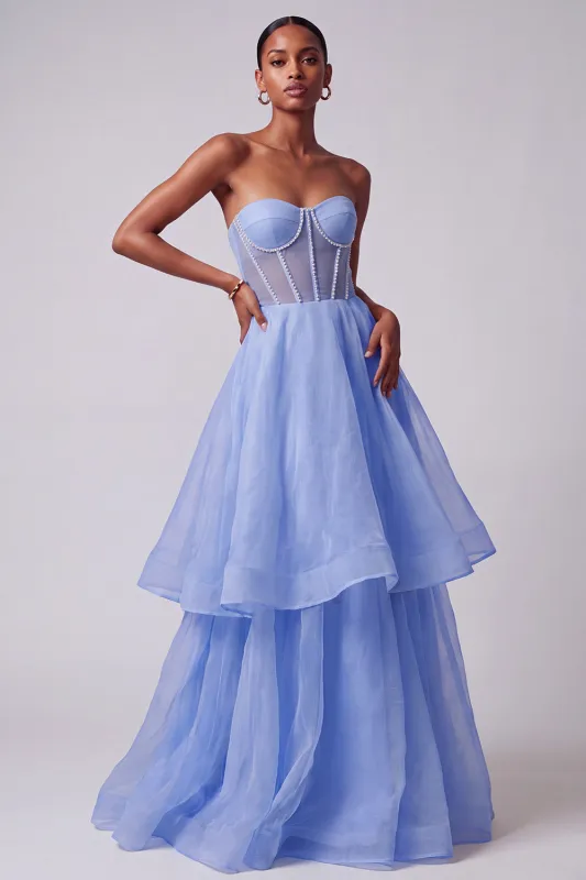 Blue Corset Sheer Pearls Strapless A-Line Tiered Long Prom Dress made by Zapaka
