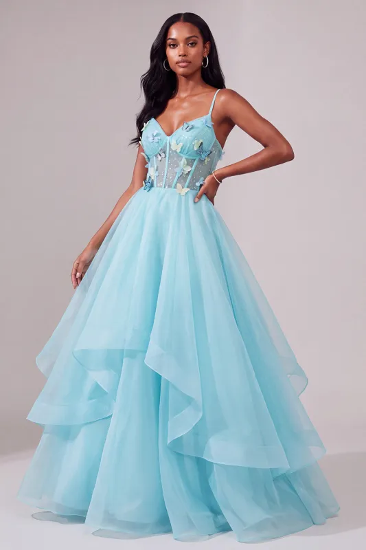 Light Blue Corset Spaghetti Straps A-Line Sequins Asymmetrical Tiered Ruffled Long Prom Dress made by Zapaka