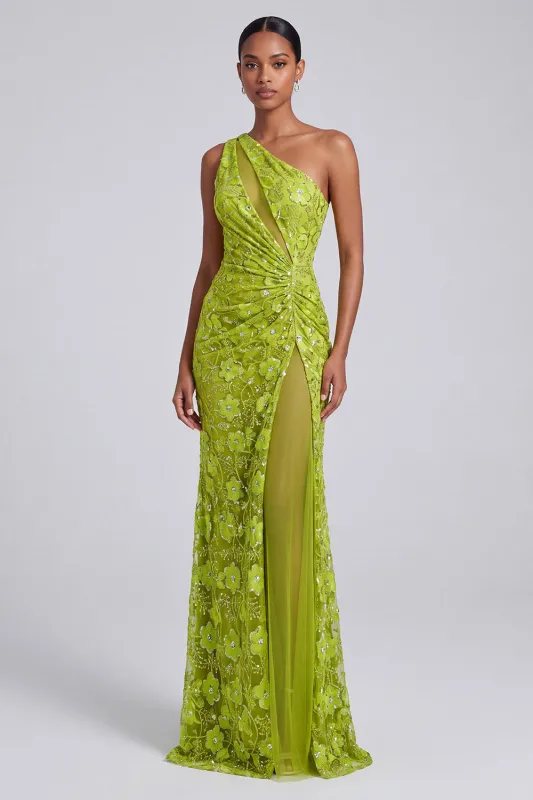 One Shoulder Green Sequins Ruched Sheath Tulle Long Prom Dress with Slit made by Zapaka