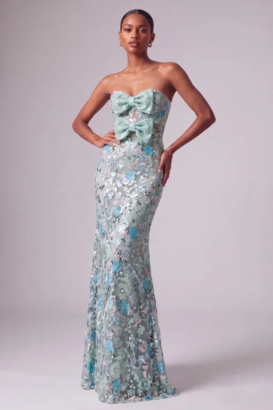 Dusty Blue Floral Sequins Mermaid Strapless Long Prom Dress with Bow made by Zapaka