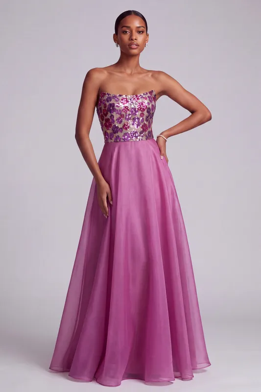 Fuchsia Sequins Floral Strapless A-Line Chiffon Long Prom Dress made by Zapaka