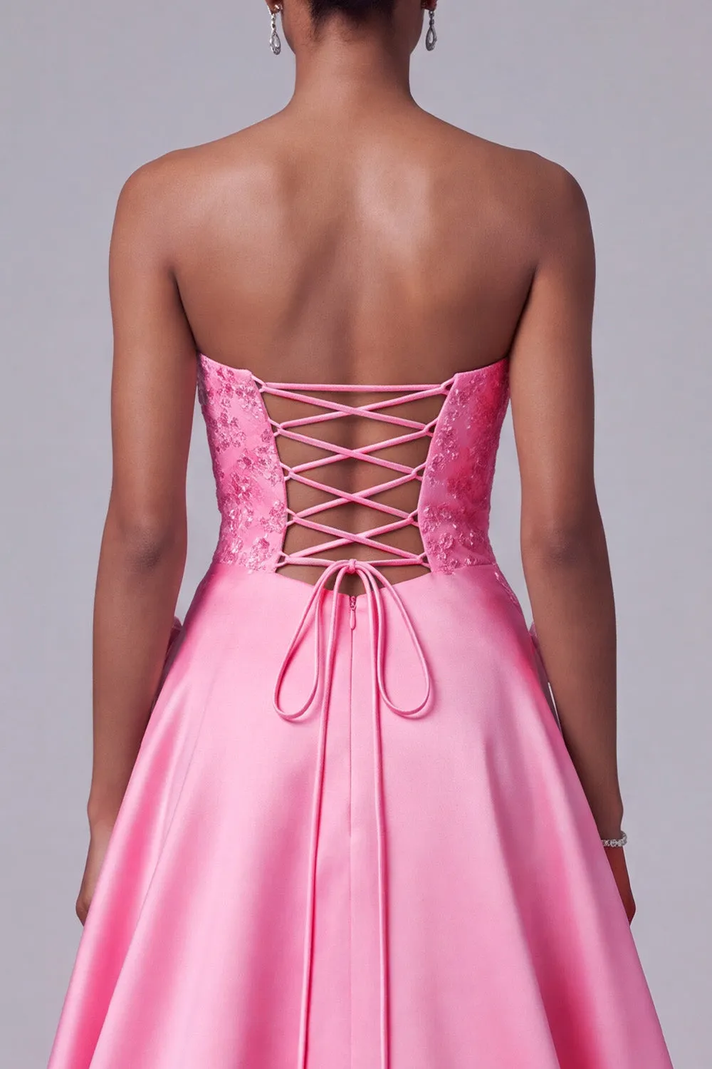 Hot Pink Strapless Satin Floral Embroidery Sequins A-Line Long Prom Dress sold by Zapaka product image thumbnail 4