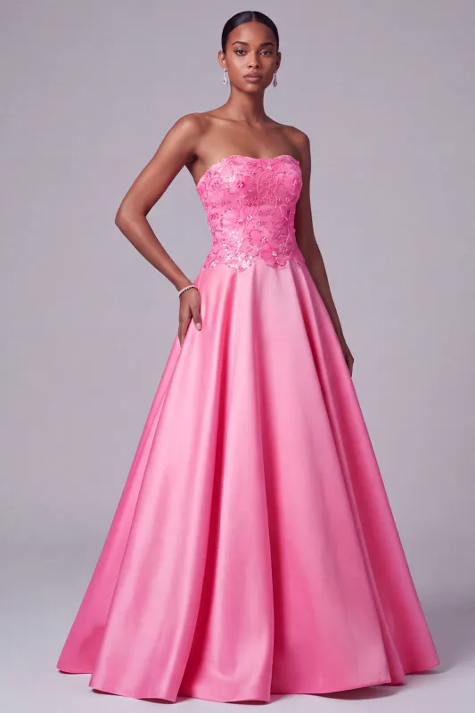 Hot Pink Strapless Satin Floral Embroidery Sequins A-Line Long Prom Dress made by Zapaka