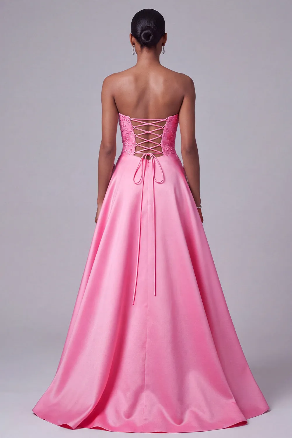 Hot Pink Strapless Satin Floral Embroidery Sequins A-Line Long Prom Dress sold by Zapaka product image thumbnail 2