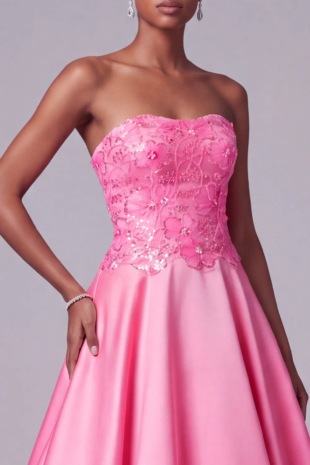 Hot Pink Strapless Satin Floral Embroidery Sequins A-Line Long Prom Dress sold by Zapaka product image thumbnail 3