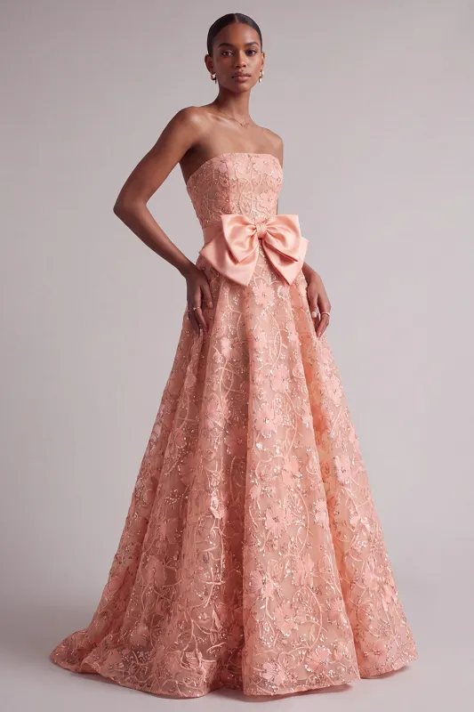 Peach Strapless Floral Embroidery Sequins A-Line Long Prom Dress with Satin Bow made by Zapaka