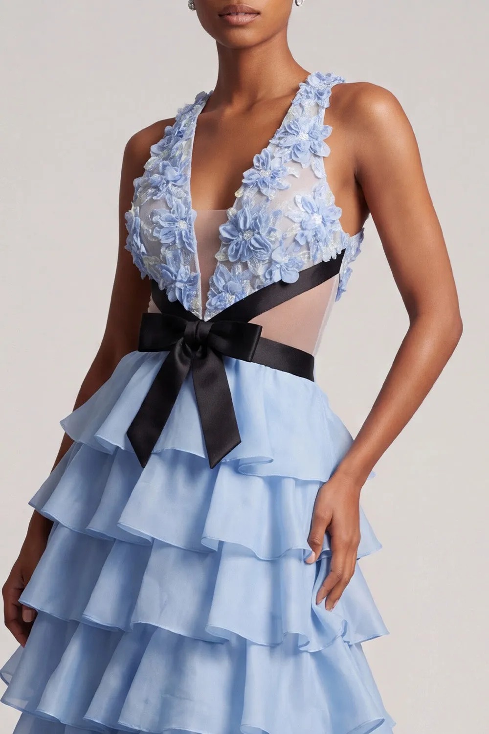 Light Blue V-Neck Floral Appliques Chiffon Tiered Ruffled Tulle Long Prom Dress with Bow sold by Zapaka product image thumbnail 3