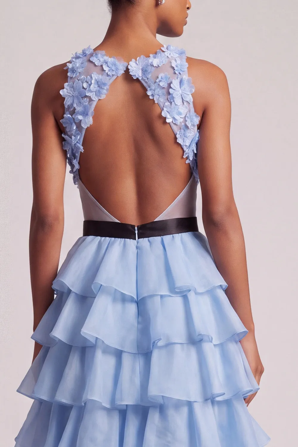 Light Blue V-Neck Floral Appliques Chiffon Tiered Ruffled Tulle Long Prom Dress with Bow sold by Zapaka product image thumbnail 4