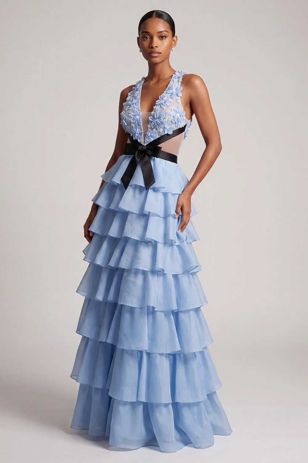 Light Blue V-Neck Floral Appliques Chiffon Tiered Ruffled Tulle Long Prom Dress with Bow sold by Zapaka