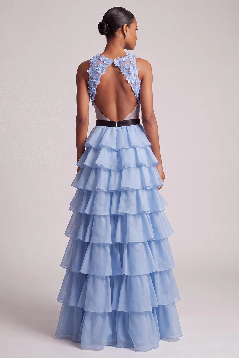 Light Blue V-Neck Floral Appliques Chiffon Tiered Ruffled Tulle Long Prom Dress with Bow sold by Zapaka product image thumbnail 2
