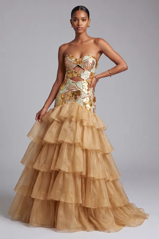 Gold Cut Out Strapless Tiered Ruffled Organza Sequins Long Prom Dress made by Zapaka