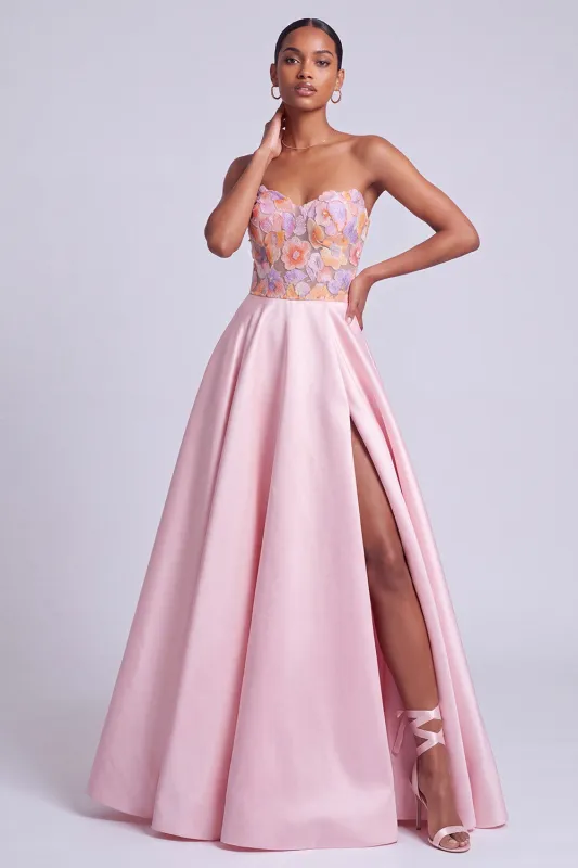 Pink Satin Strapless Floral Appliques A-Line Long Prom Dress with Side Slit made by Zapaka