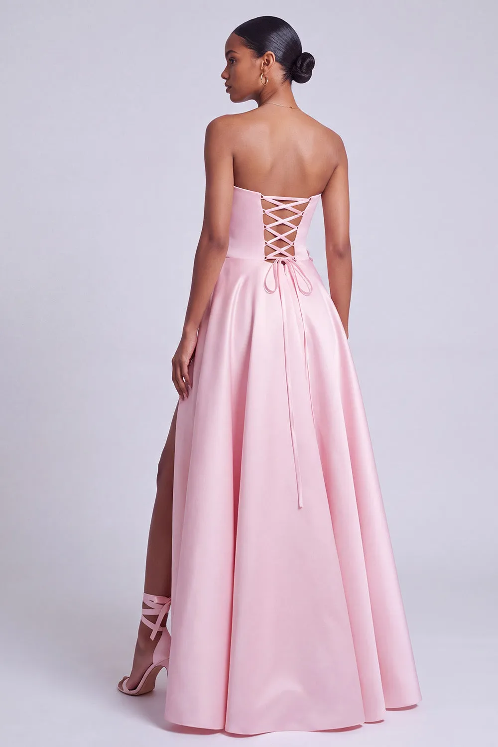 Pink Satin Strapless Floral Appliques A-Line Long Prom Dress with Side Slit sold by Zapaka product image thumbnail 2