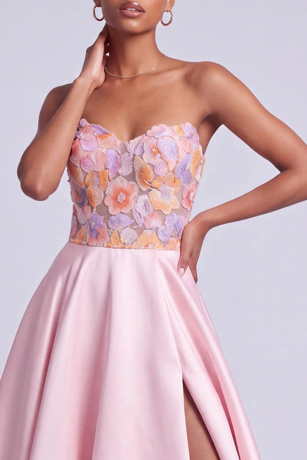 Pink Satin Strapless Floral Appliques A-Line Long Prom Dress with Side Slit sold by Zapaka product image thumbnail 3