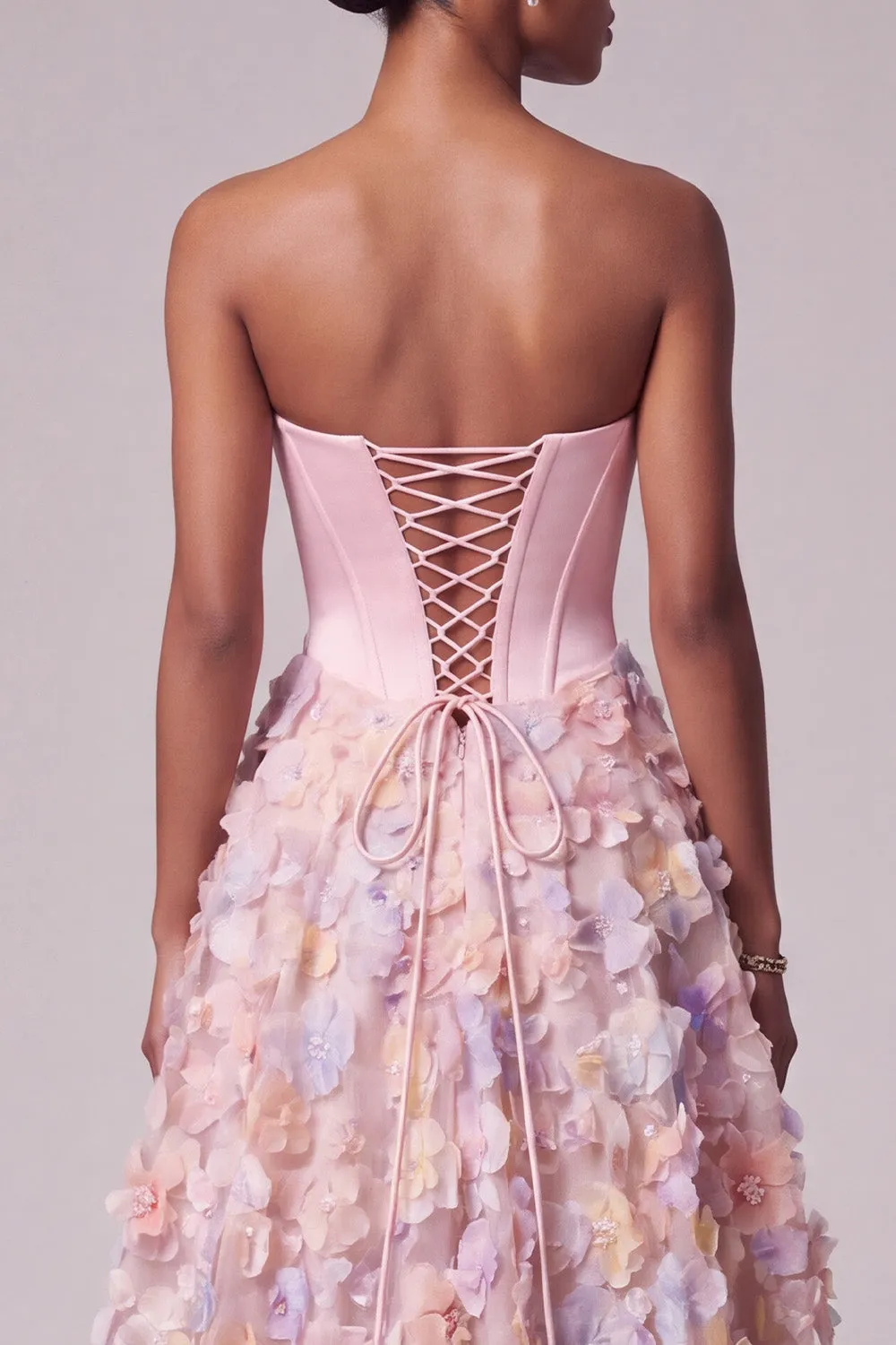 Satin Pink Corset Appliques Pearls A-Line Strapless Long Prom Dress sold by Zapaka product image thumbnail 4