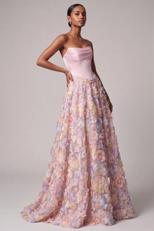 Satin Pink Corset Appliques Pearls A-Line Strapless Long Prom Dress made by Zapaka