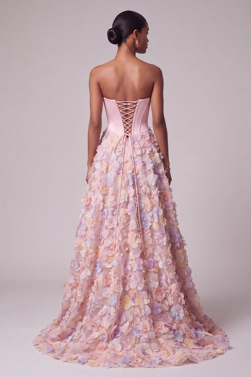 Satin Pink Corset Appliques Pearls A-Line Strapless Long Prom Dress sold by Zapaka product image thumbnail 2