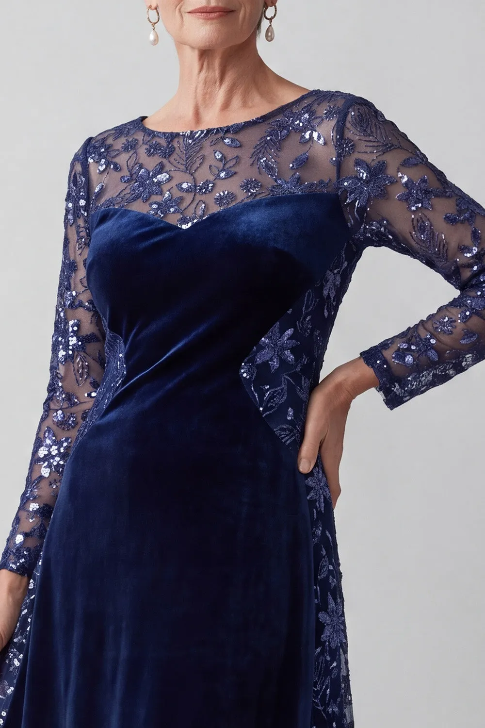 Navy Illusion Round Neck Embroidery Velvet A-Line Sequins Mother of the Bride Dress sold by Zapaka product image thumbnail 3