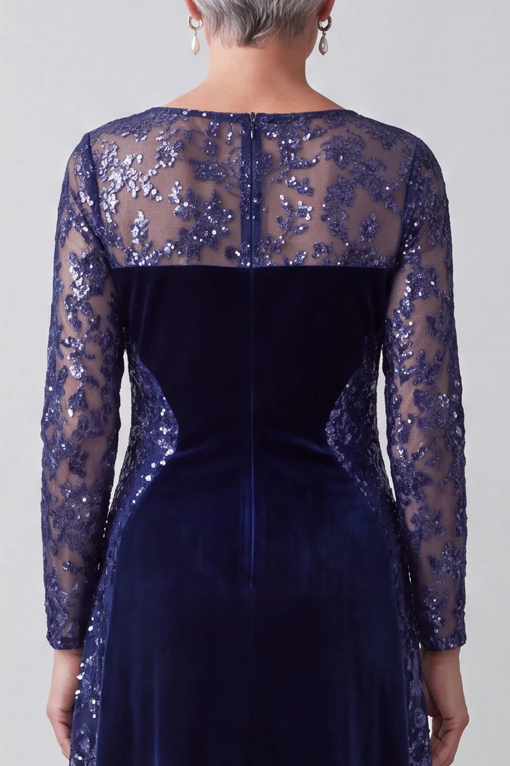 Navy Illusion Round Neck Embroidery Velvet A-Line Sequins Mother of the Bride Dress sold by Zapaka product image thumbnail 4