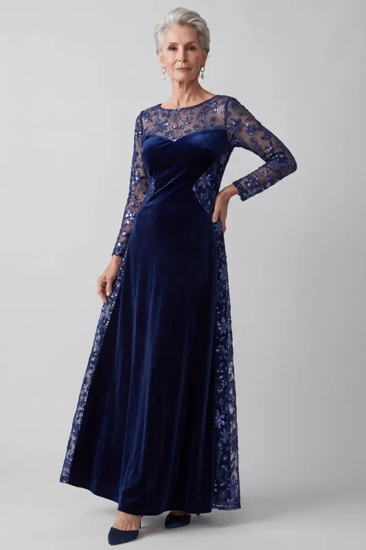 Navy Illusion Round Neck Embroidery Velvet A-Line Sequins Mother of the Bride Dress made by Zapaka