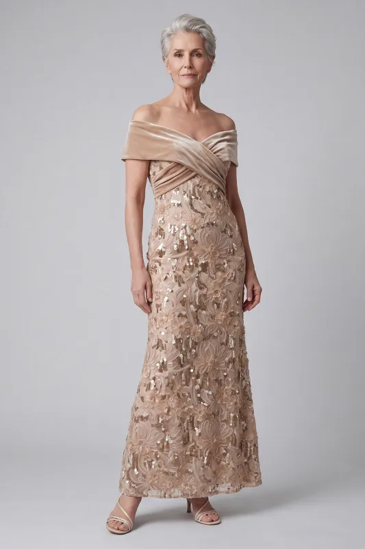 Off the Shoulder Champagne Appliques Sequins Velvet Sheath Mother of the Bride Dress made by Zapaka