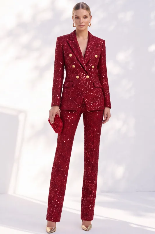 Sparkly Red 2 Piece Peak Lapel Double Breasted Sequins Women Suits made by Zapaka