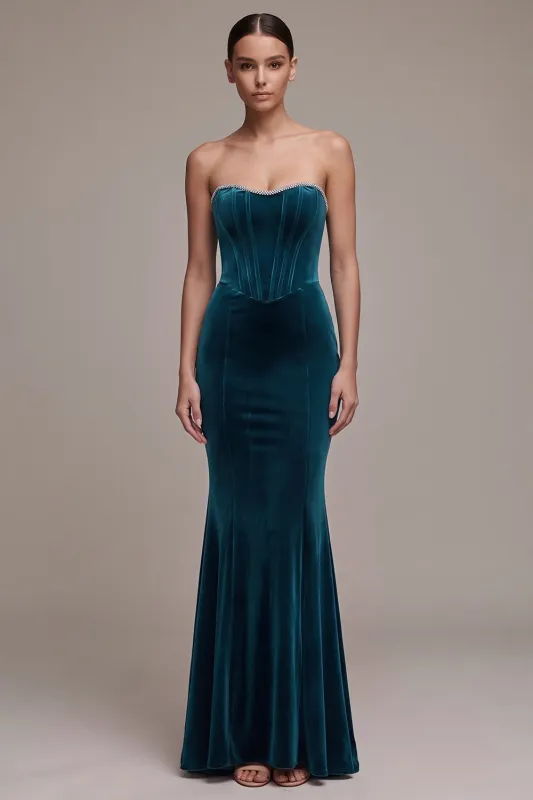 Peacock Blue Corset Mermaid Strapless Long Velvet Dress with Rhinestone made by Zapaka