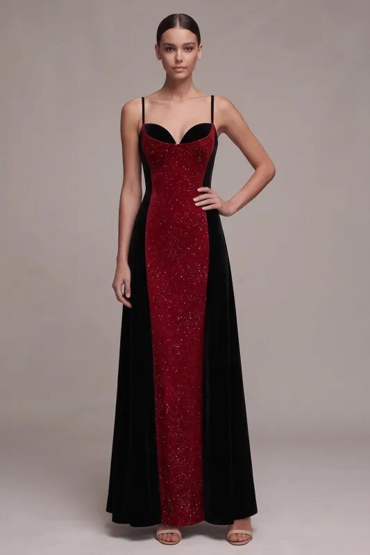 Red and Black Sheath Spaghetti Straps A-Line Glitter Maxi Velvet Dress made by Zapaka