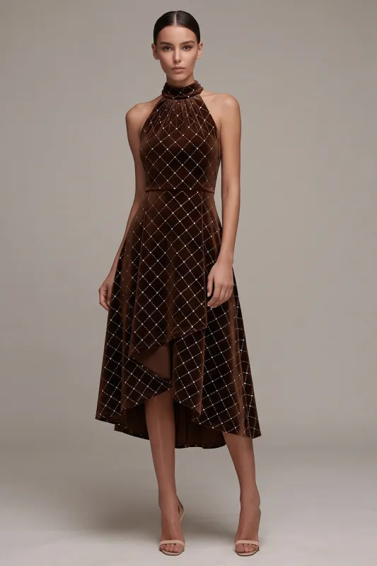 Coffee Halter High-Low A-Line Velvet Dress with Beading made by Zapaka