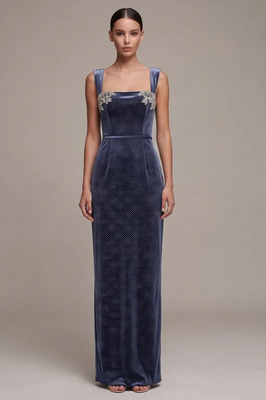 Dusty Blue Sheath Square Neck Rhinestone Appliques Long Velvet Dress with Beading made by Zapaka