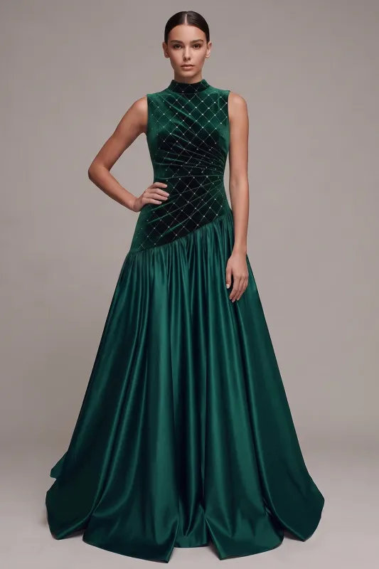 Dark Green A-Line Satin High Neck Cut Out Long Velvet Dress made by Zapaka