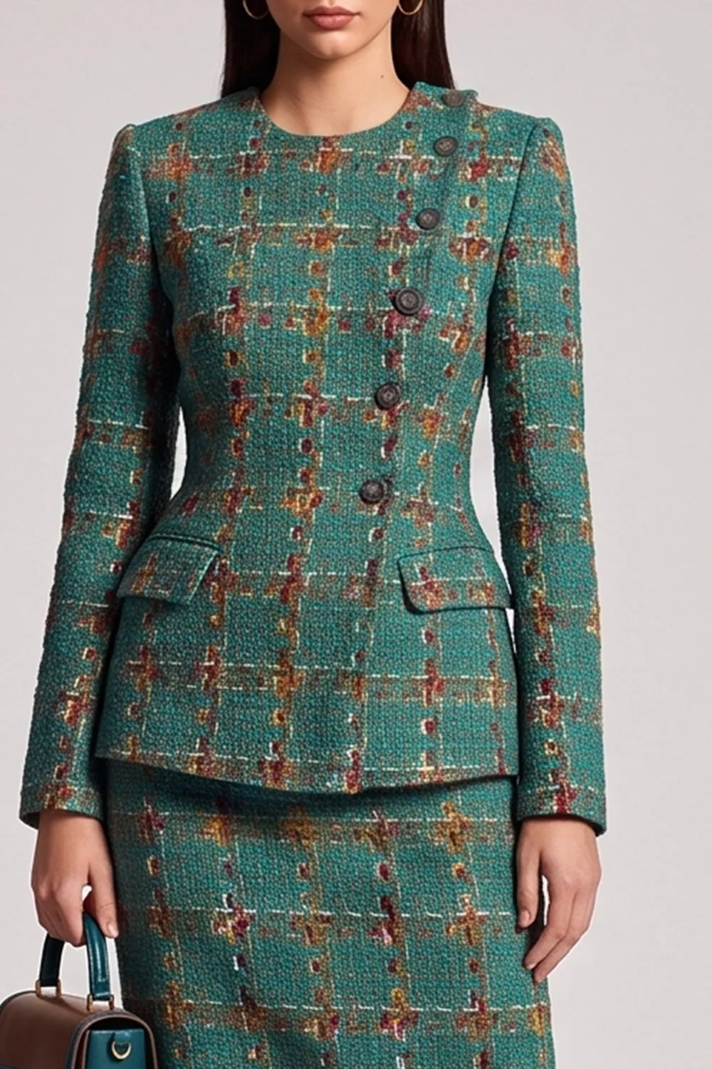 Green Plaid Two Piece Round Neck Midi Work Dress sold by Zapaka product image thumbnail 3