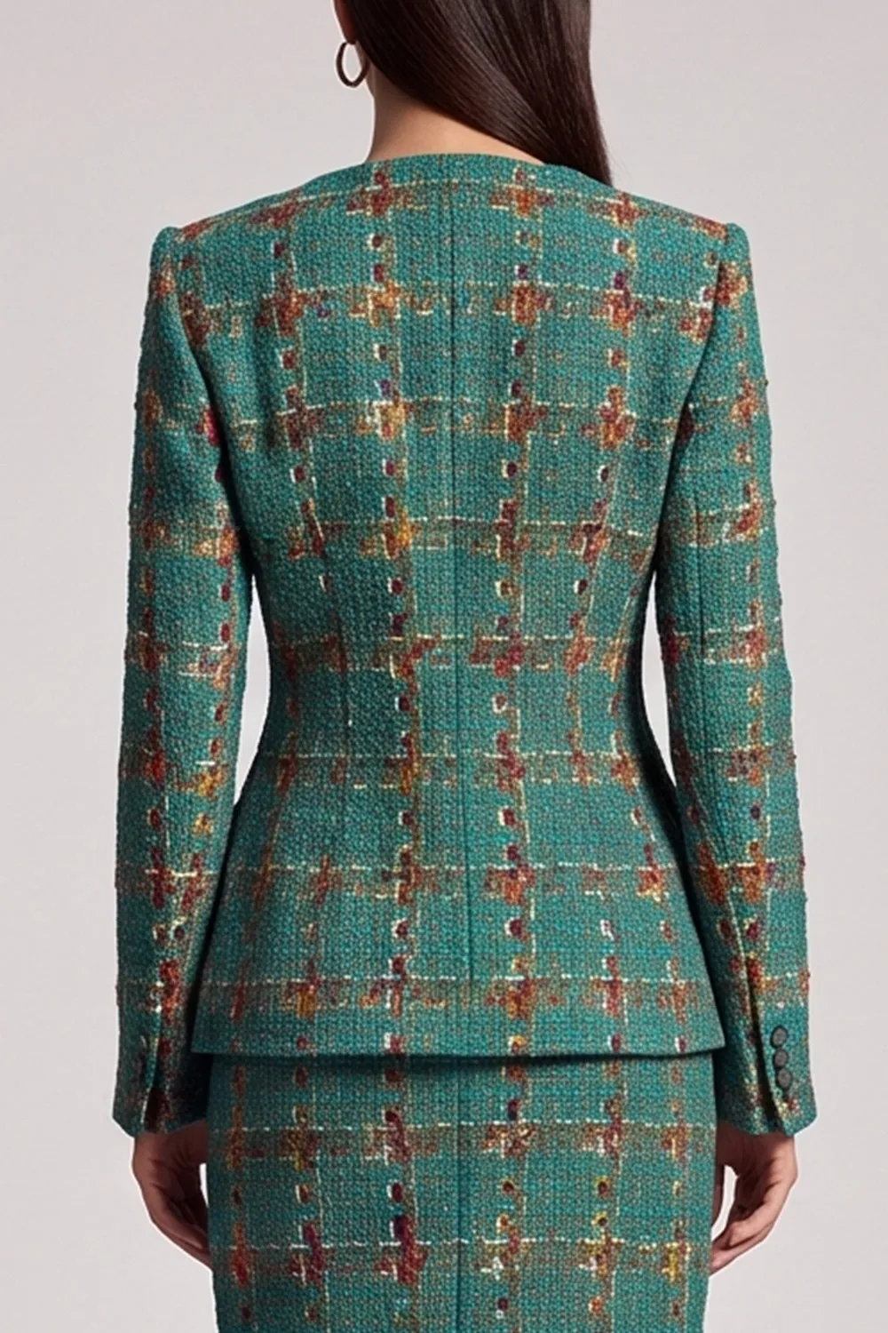 Green Plaid Two Piece Round Neck Midi Work Dress sold by Zapaka product image thumbnail 4