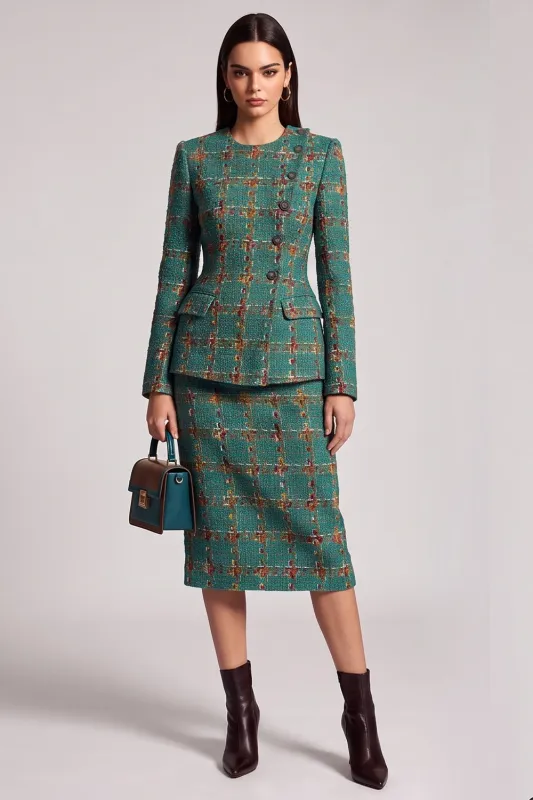 Green Plaid Two Piece Round Neck Midi Work Dress made by Zapaka