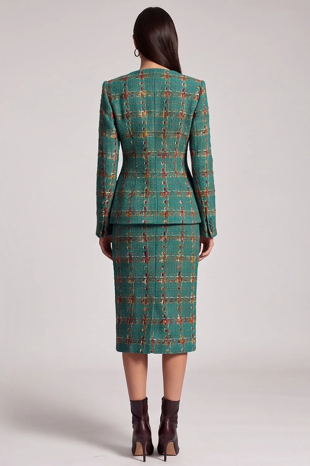 Green Plaid Two Piece Round Neck Midi Work Dress sold by Zapaka product image thumbnail 2