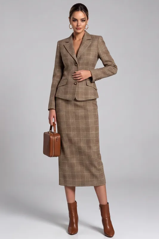 Brown Two Piece Notched Lapel Single Breasted Midi Work Dress made by Zapaka