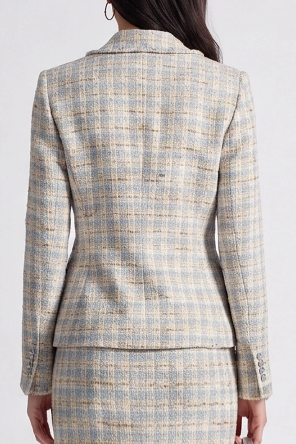 Grey Blue Two Piece Notched Lapel Single Breasted Plaid Work Dress sold by Zapaka product image thumbnail 4